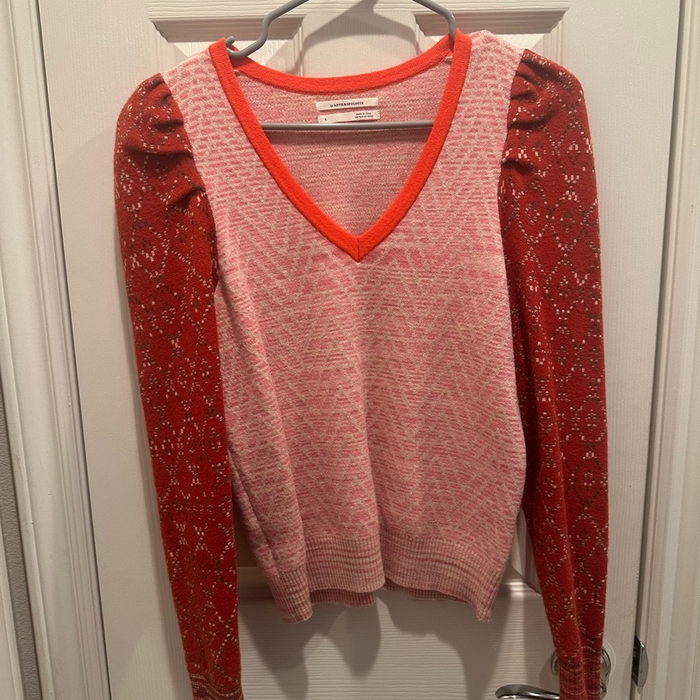 Anthropologie Pink Sweater with Coral Trim and Red Patterned Sleeves